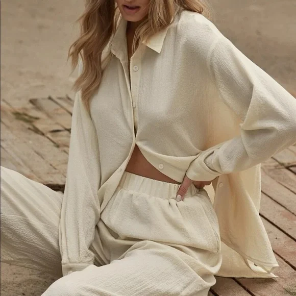 Shirt Pants 2 PC SET wide leg loose button collar spring summer womens cream - Picture 1 of 13